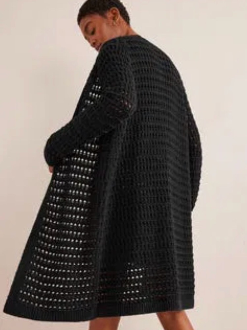 Boden Crochet Coatigan 100% Cotton Open Front Long Cardigan Black M NWT